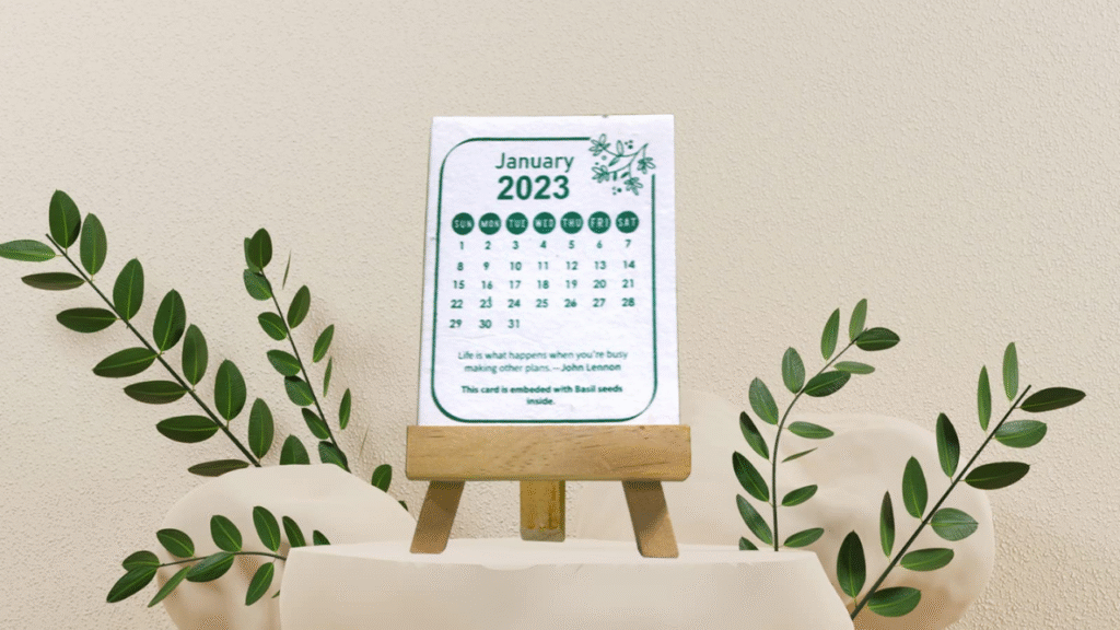 Printable monthly flower planting calendar with seed packets and pencil on the side"