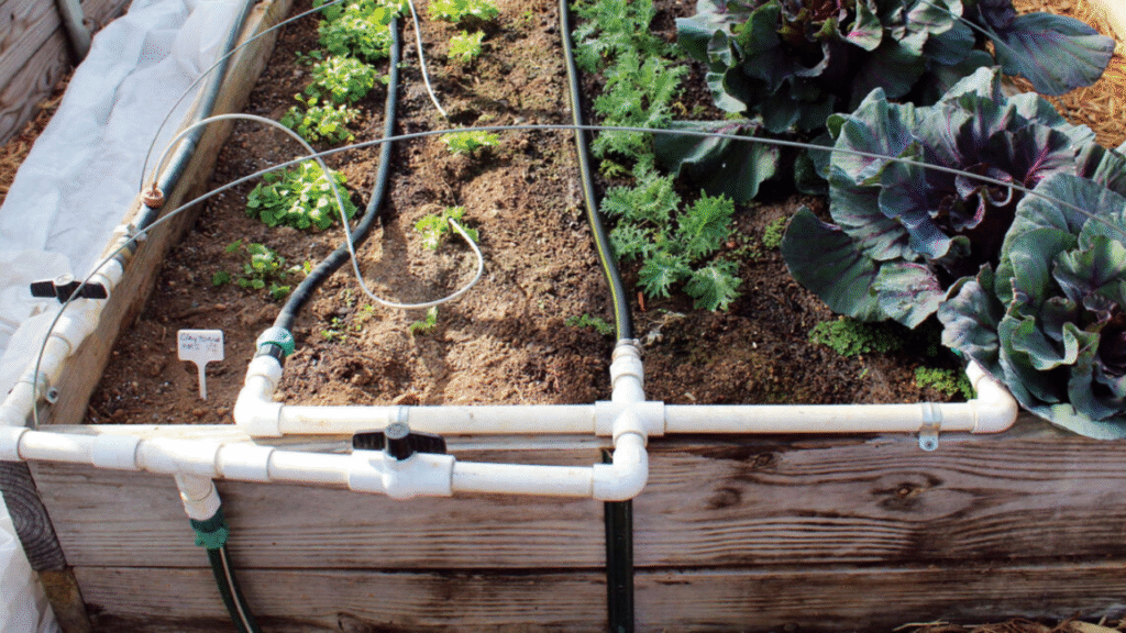 "Sunny garden bed with drip irrigation and well-drained soil"