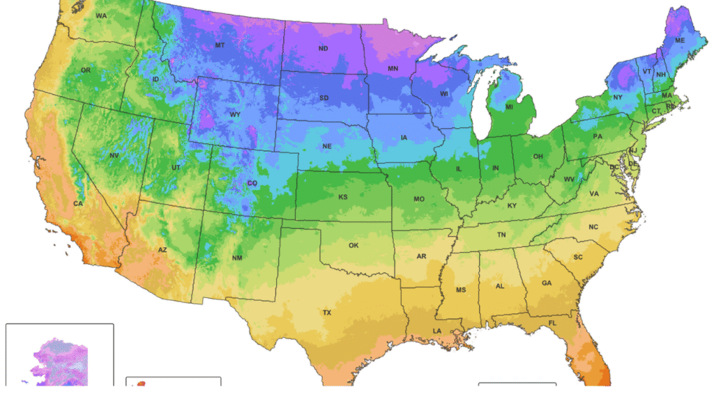 USDA hardiness zone chart with frost dates and growing seasons"
