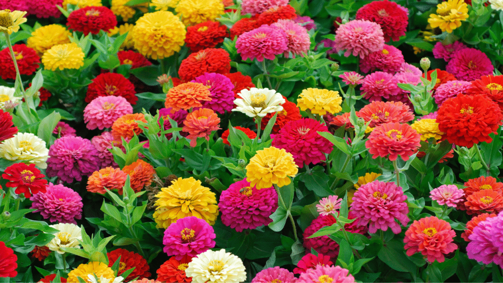"Close-up of blooming zinnias in pink, orange, and yellow hues"