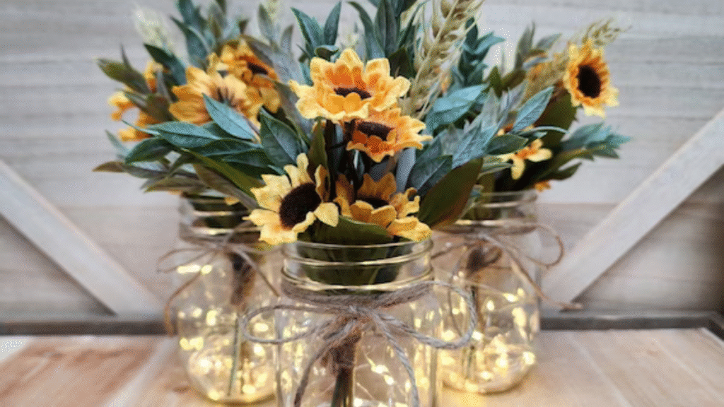Farm-fresh flower bouquets in mason jars at a market table"
