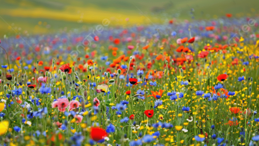 "Vibrant wildflower meadow showcasing native drought-tolerant flowers in bloom, perfect example of sustainable flower farming trends 2025"

