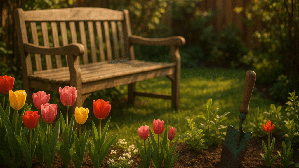 “Peaceful spring garden with blooming tulips and garden tools”