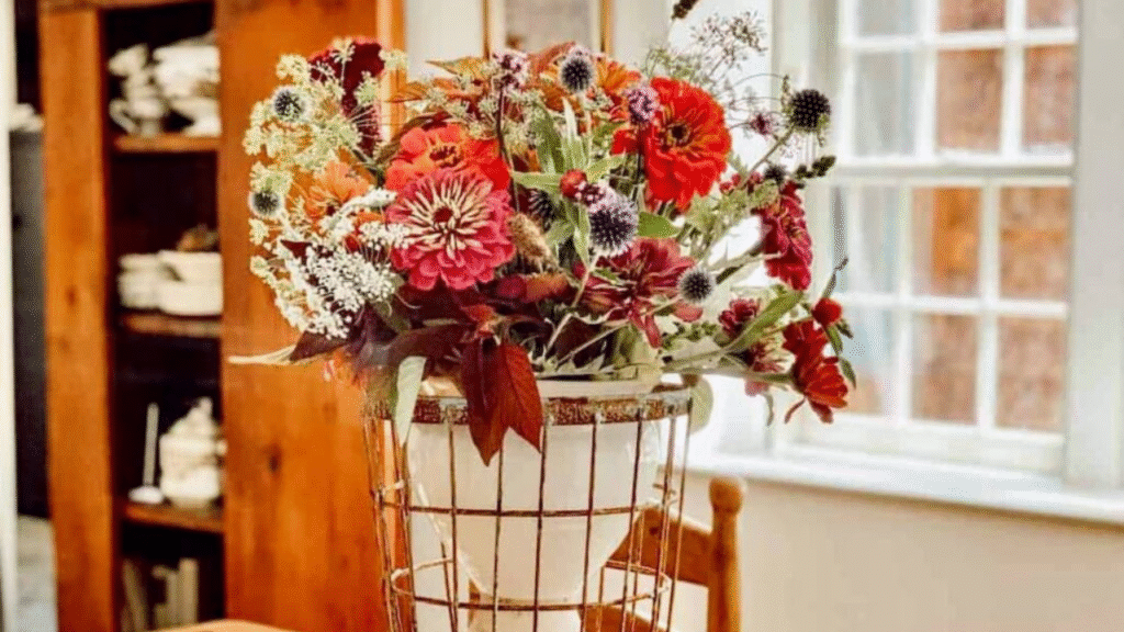 Rustic Flower Arrangement with Dried and Fresh Blooms in Vintage Container