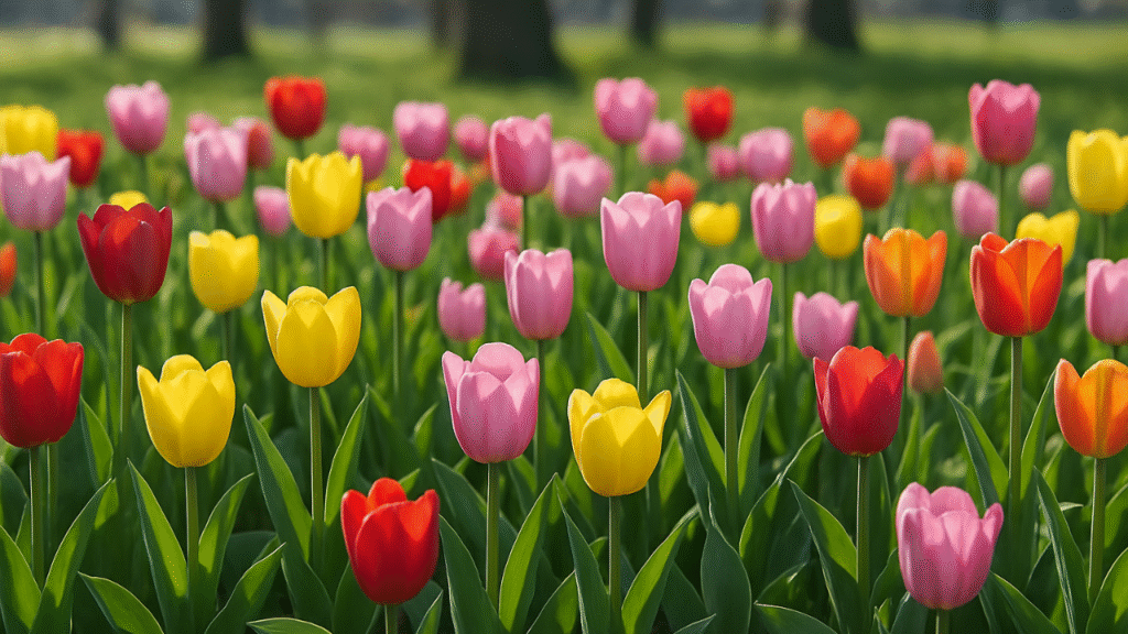 Colorful tulip bed blooming in early spring sunlight