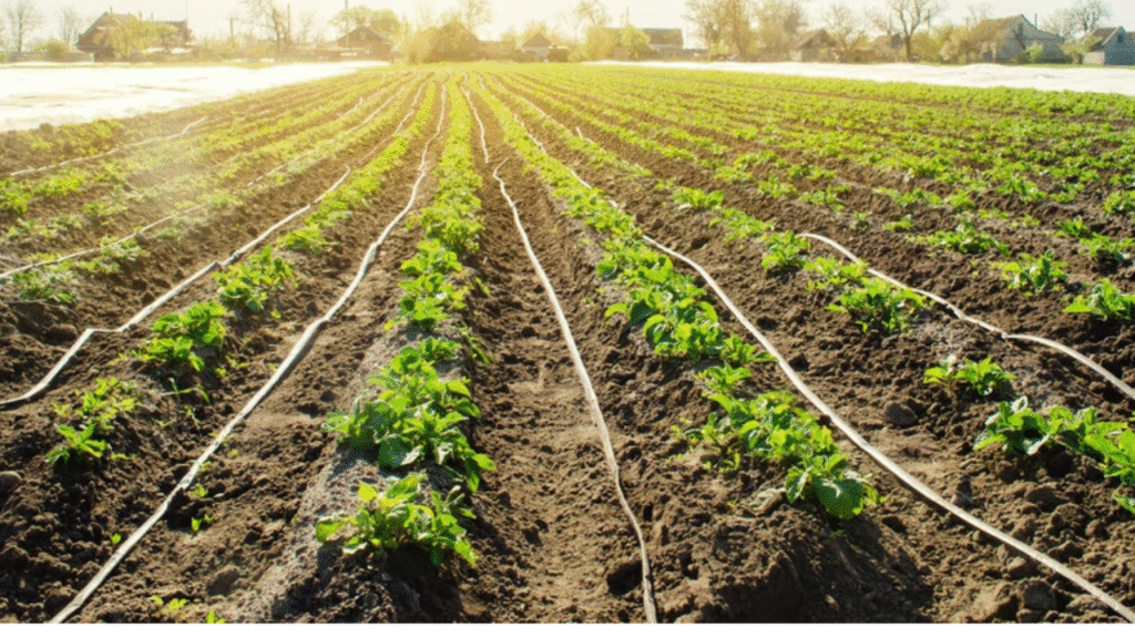Flower farmer adjusting drip irrigation system in a vibrant flower field, demonstrating modern technology in sustainable flower farming trends 2025"

