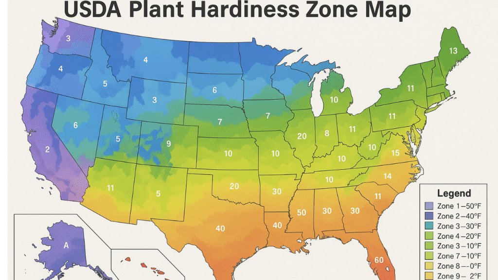 USDA Hardiness Zone map showing ideal fall planting times for tulips
