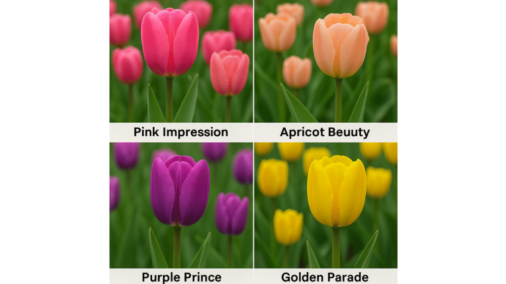 Tulip varieties: Pink Impression, Apricot Beauty, Purple Prince, and Golden Parade in bloom