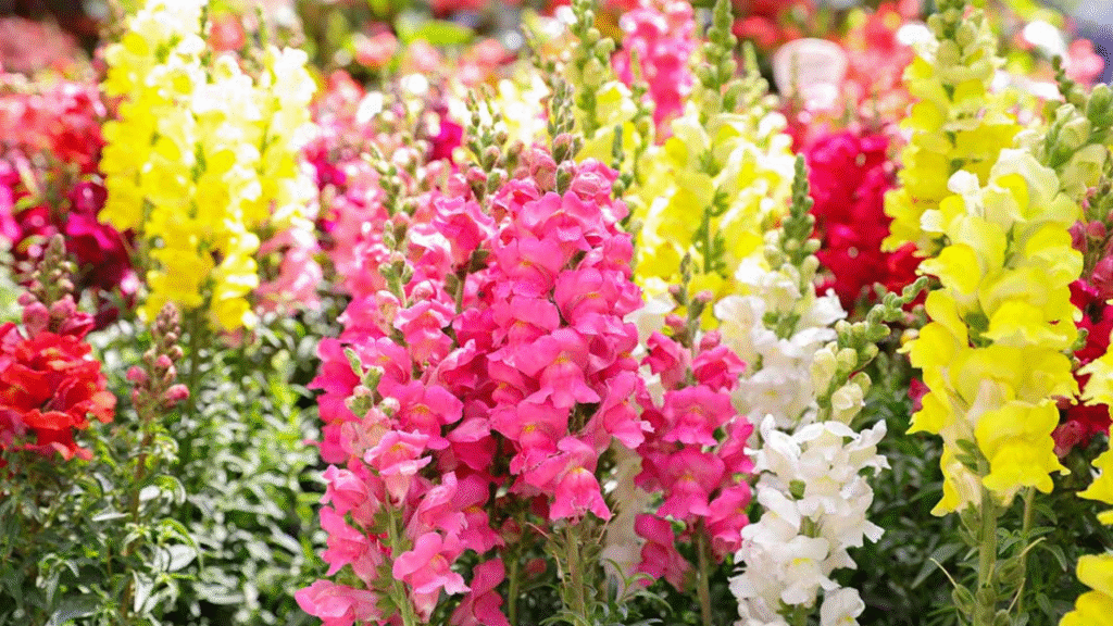  Vibrant snapdragons blooming in a small-scale flower farm under full sun