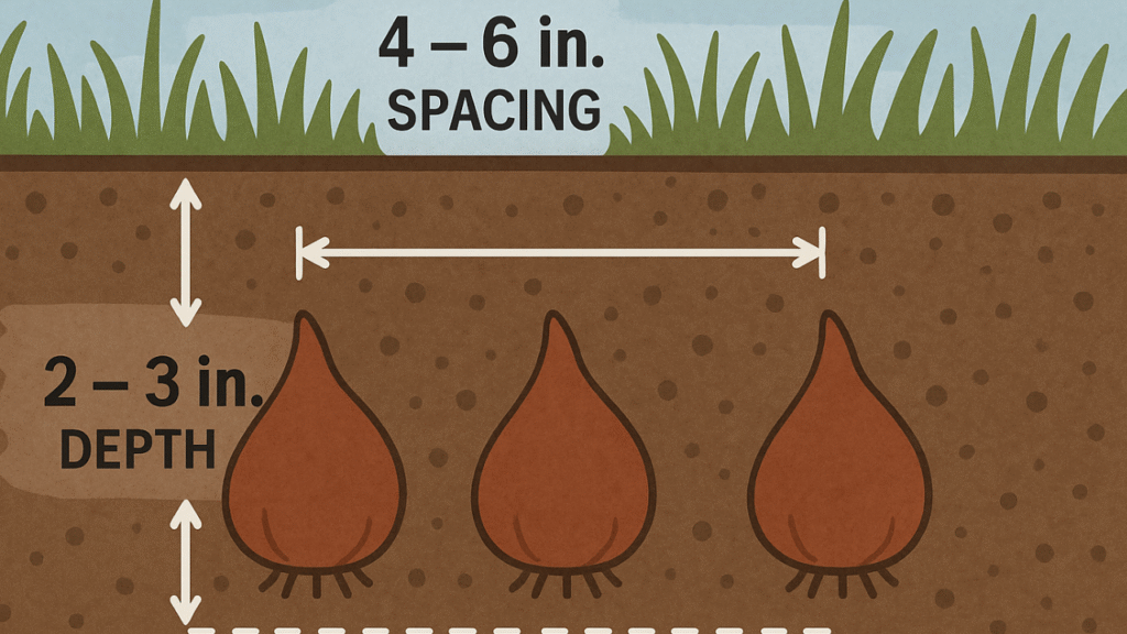 Diagram showing tulip bulbs planted 6–8 inches deep and spaced 4–6 inches apart