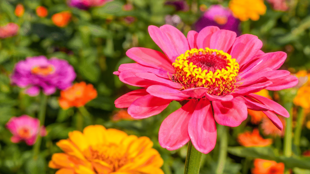  Colorful zinnia flowers planted closely together for maximum yield in local flower farming
