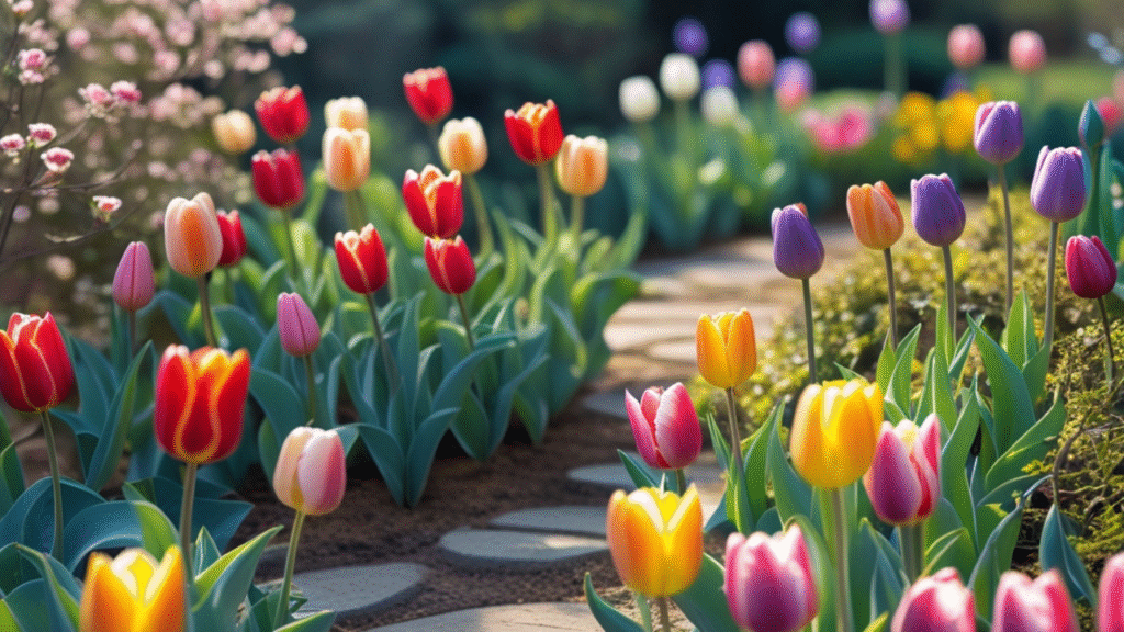 Tulips blooming in a backyard garden in early spring, with soft sunlight