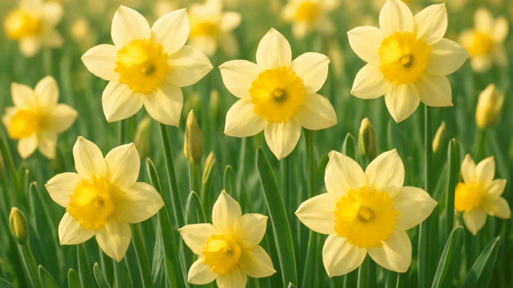“Blooming yellow daffodils in a sunny spring garden”

