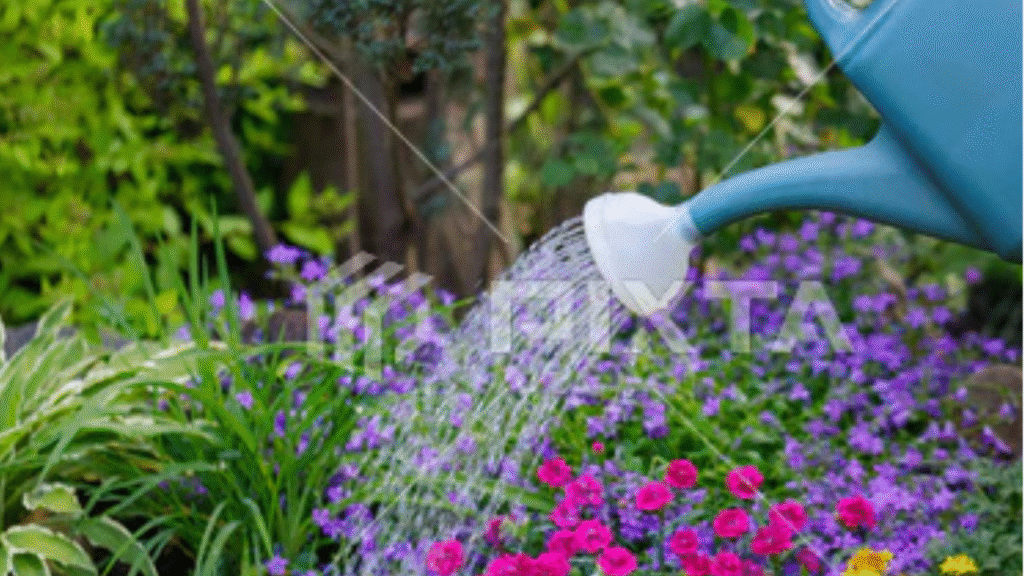 Watering cut flower garden in the morning