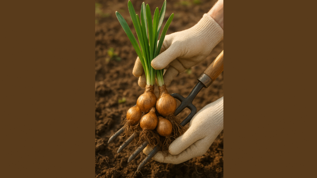 “Gardener lifting daffodil bulbs from soil using a garden fork”