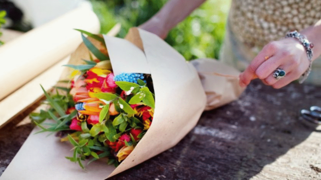 Local flower grower arranging a mixed bouquet of profitable flowers for direct sale at farmers market