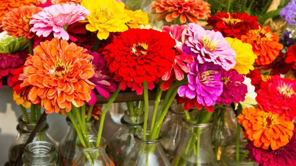 Buckets of fresh-cut zinnias, snapdragons, and cosmos ready for market.”