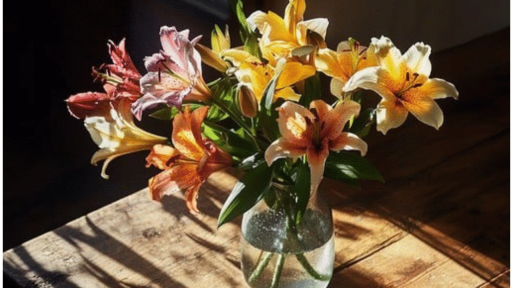 Cut flowers in a vase indoors with water and clean stems

