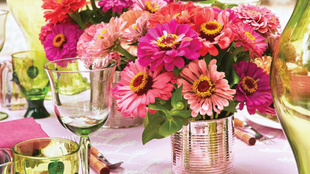 A colorful bouquet of profitable flowers including zinnias, dahlias, and snapdragons freshly cut from a local flower farm.