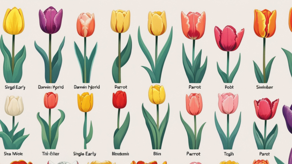 “Visual guide of different tulip varieties with names”