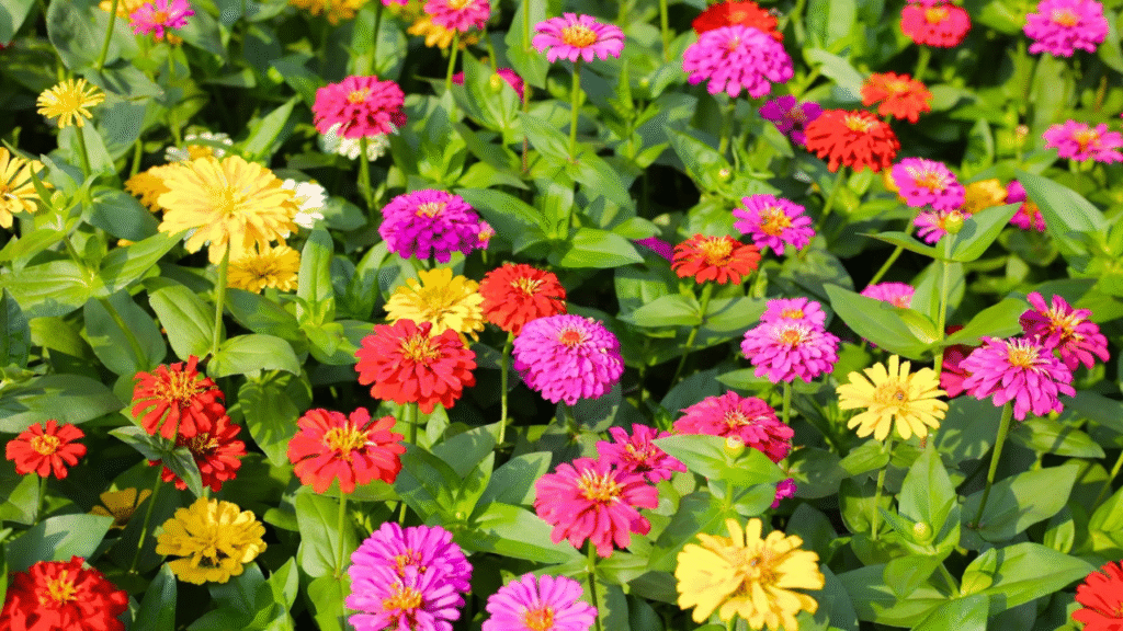"Colorful zinnias blooming in a summer cut flower garden"
