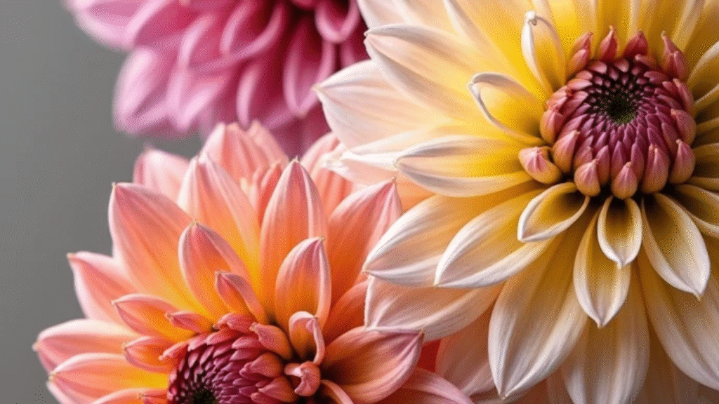 Close-up of popular dahlia varieties showing different colors and bloom shapes"