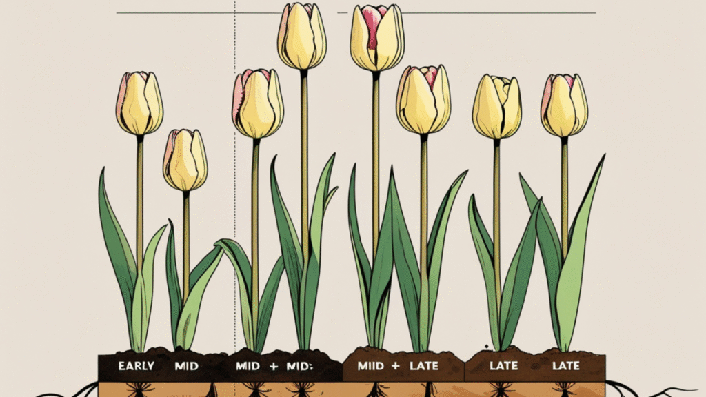 “Diagram showing layered tulip planting for early to late blooms”