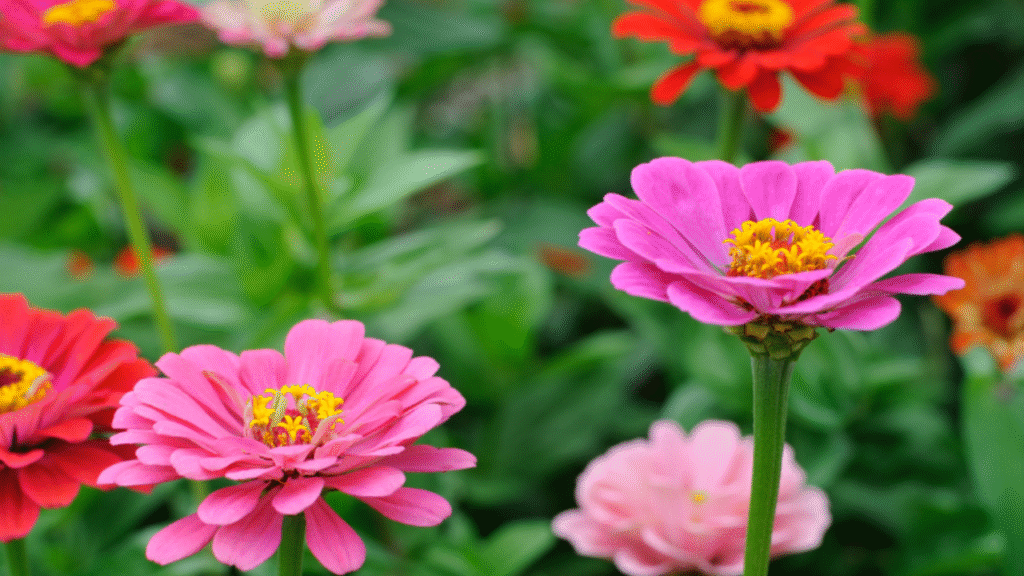 Zinnias attracting bees and butterflies in the garden"