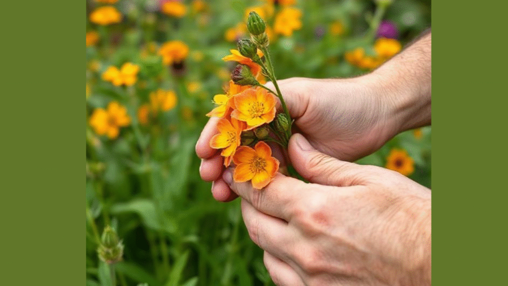 “Gardener pinching Salpiglossis flowers to encourage more blooms”