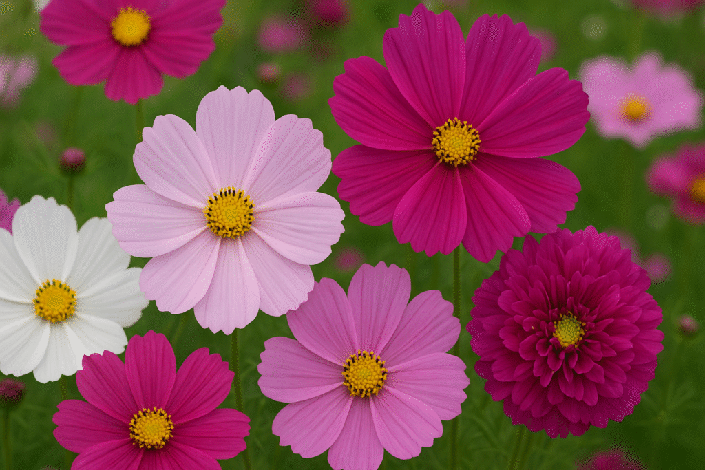 “Variety of cosmos bipinnatus blooms showing pink, magenta, and white petals.”
