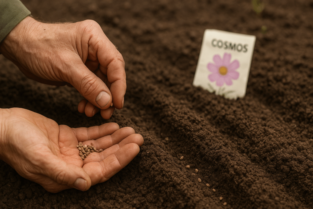 “Gardener planting cosmos seeds in well-prepared garden soil.”