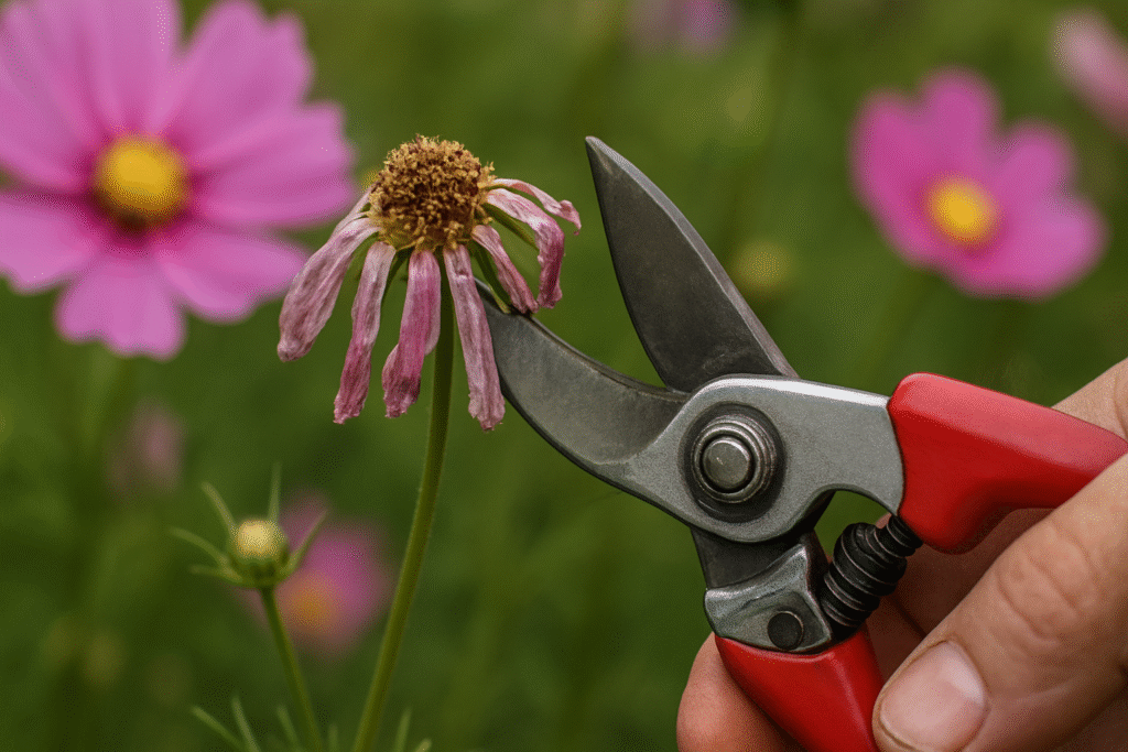 “Deadheading a cosmos flower to encourage more blooms.”