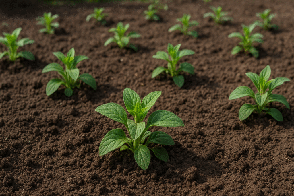 Transplanting young Salpiglossis plants into garden beds with proper spacing”