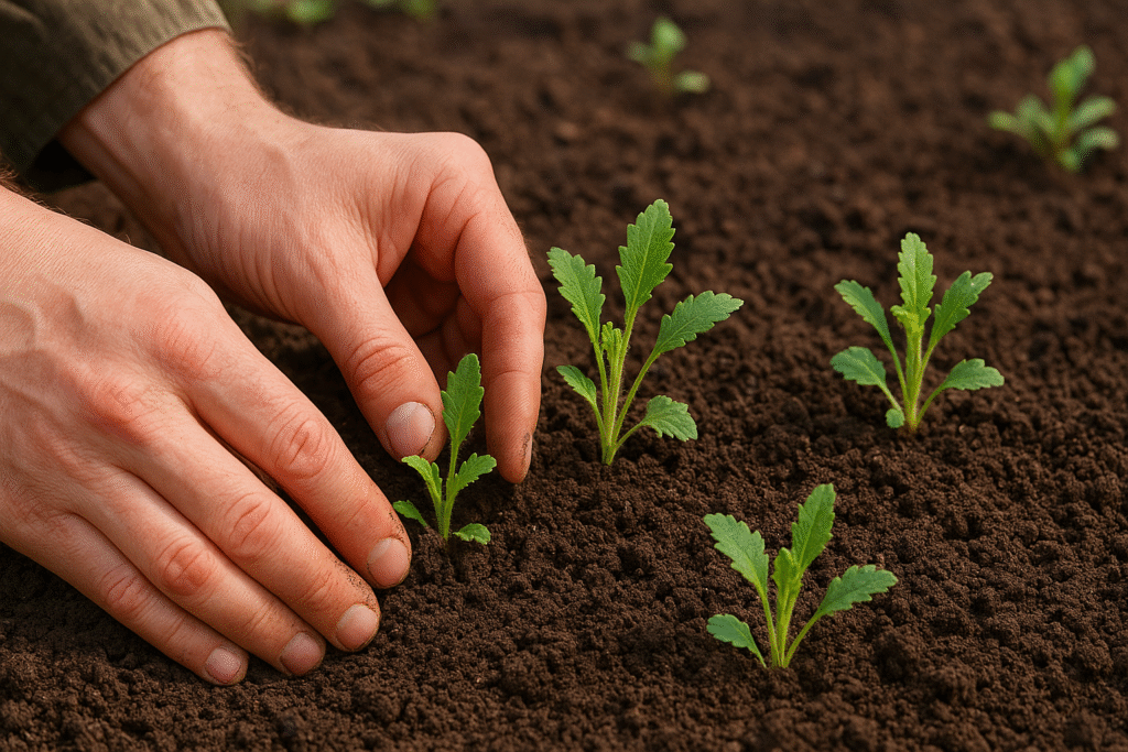Planting Scabiosa seedlings in well-drained garden soil"