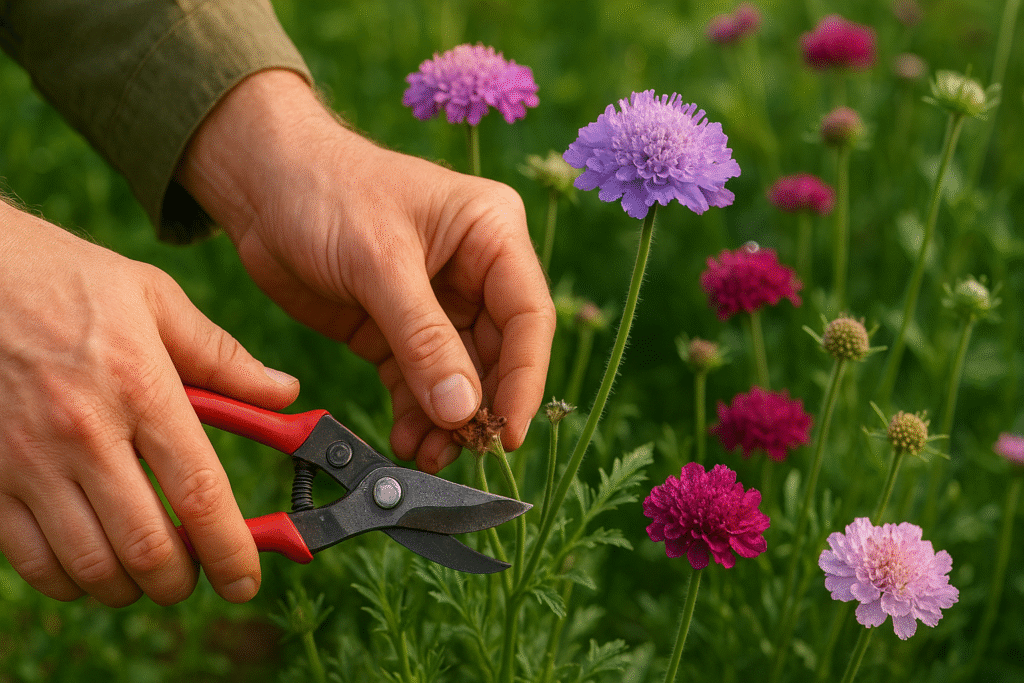 "Deadheading Scabiosa flowers to promote continuous blooms"