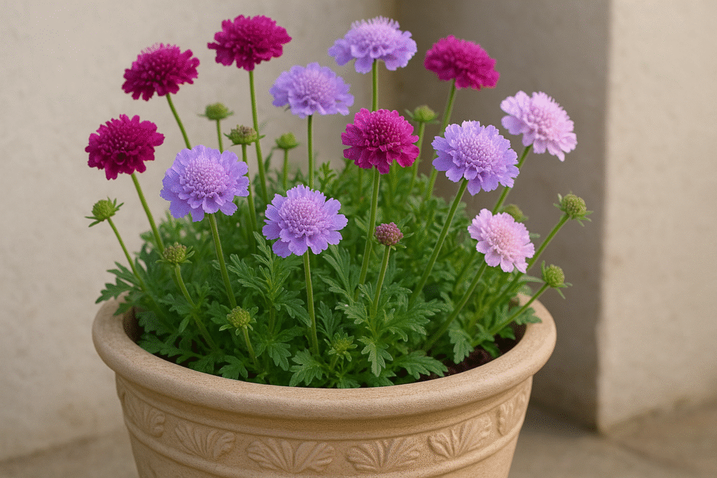 "Container-grown Scabiosa flowers on a sunny balcony"