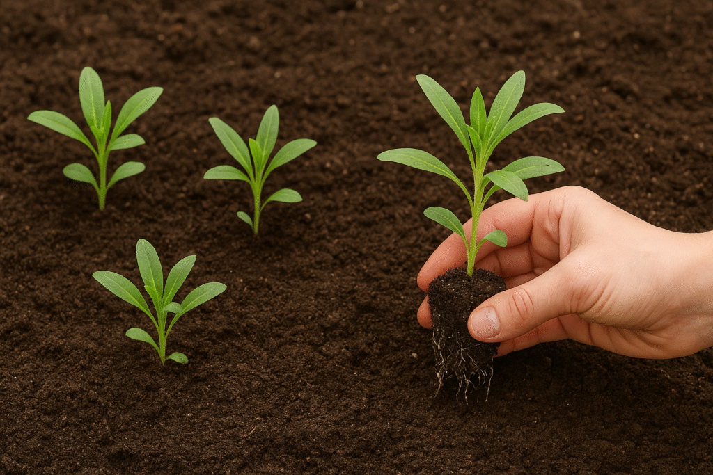 Strawflower seedlings being transplanted outdoors with proper spacing for healthy growth.