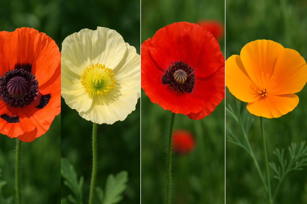 “Different types of poppies including Oriental, Iceland, Shirley, California, and Flanders varieties”