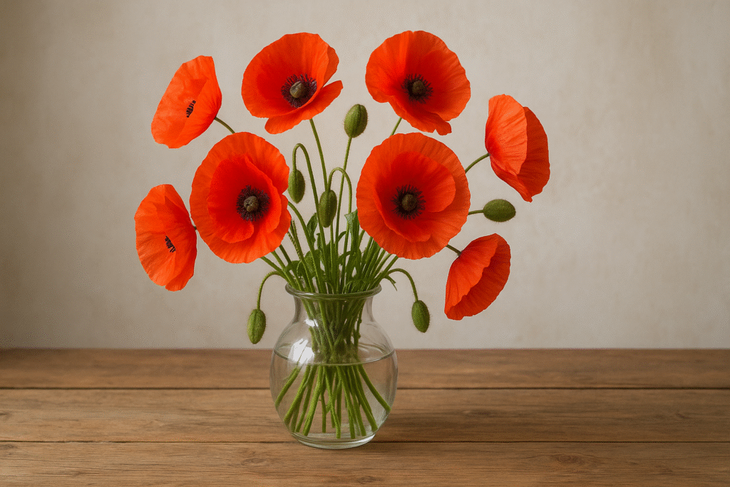 “Freshly cut poppies arranged in a vase for bouquets”