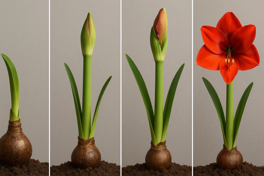 Amaryllis growth stages from bulb to flowering stem