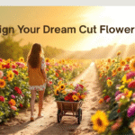 "Vibrant cut flower field with a central path and wheelbarrow of fresh blooms, ideal for garden design inspiration"