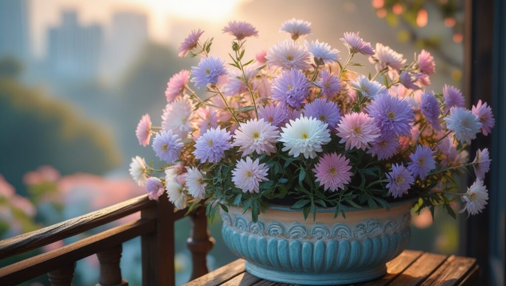 “China asters growing in a decorative container on a balcony”