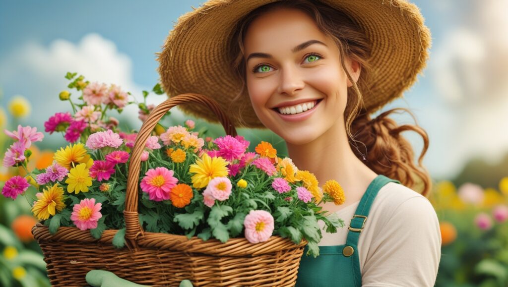 Happy gardener holding a basket full of freshly harvested cut flowers in the garden