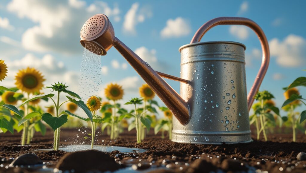 “Watering young sunflower seedlings for healthy growth”