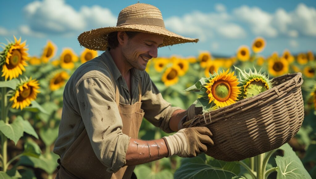 “Harvesting mature sunflower heads for seeds and bouquets”