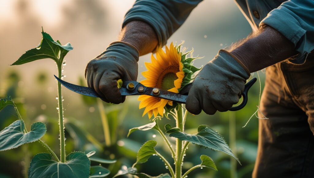  Gardener cutting sunflower stem with sharp shears in the early morning for longer vase life