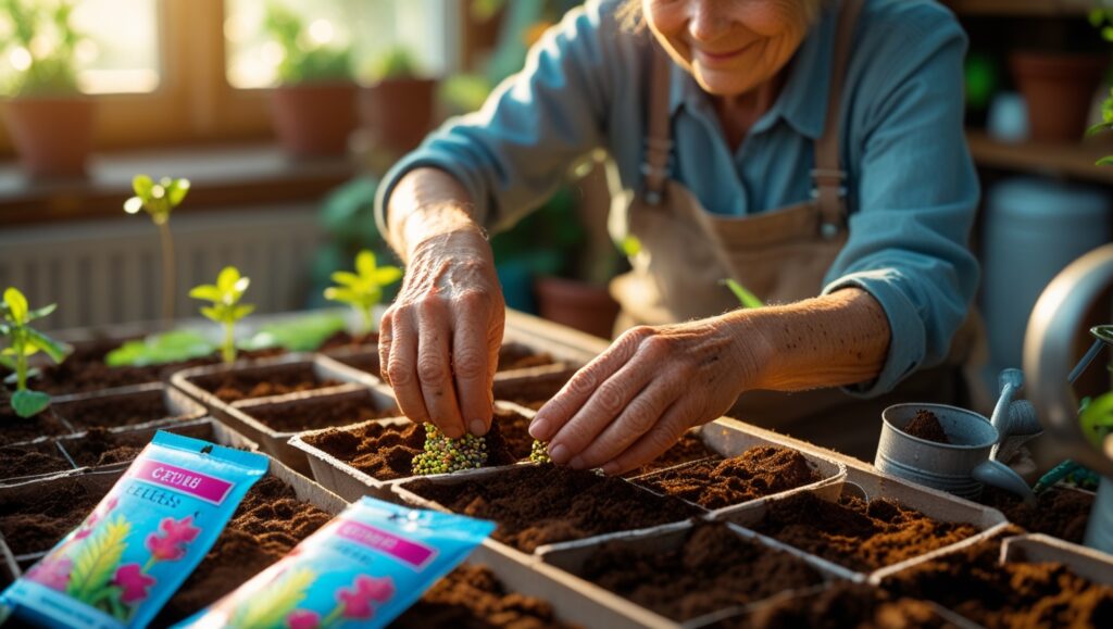 Gardener sowing Celosia seeds in seed trays indoors with natural sunlight