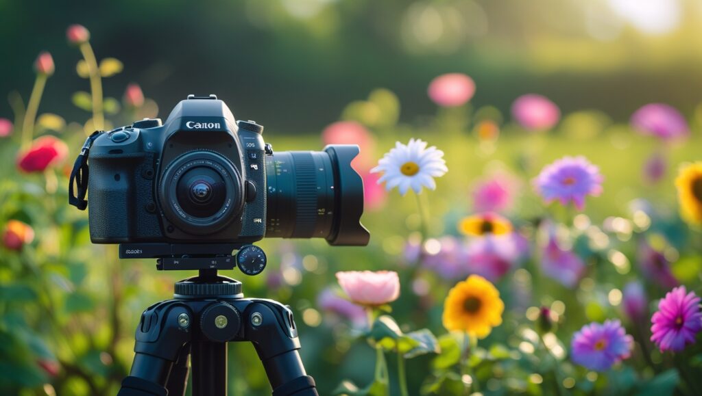 "DSLR camera setup for flower photography in natural light"