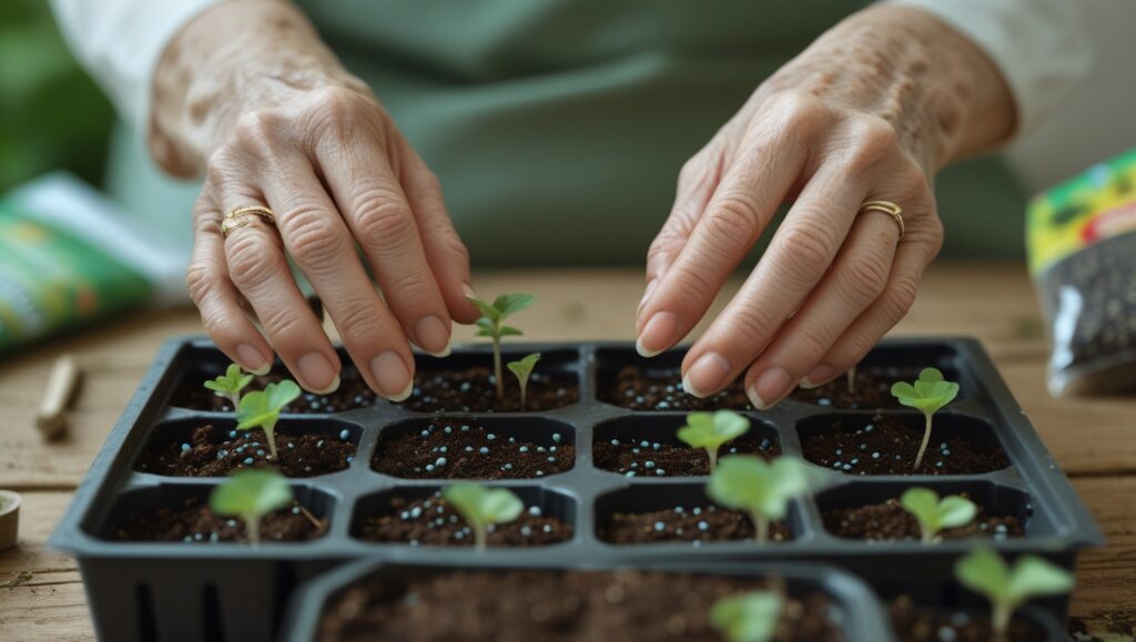 “Sowing ageratum seeds in seed trays for indoor germination”
