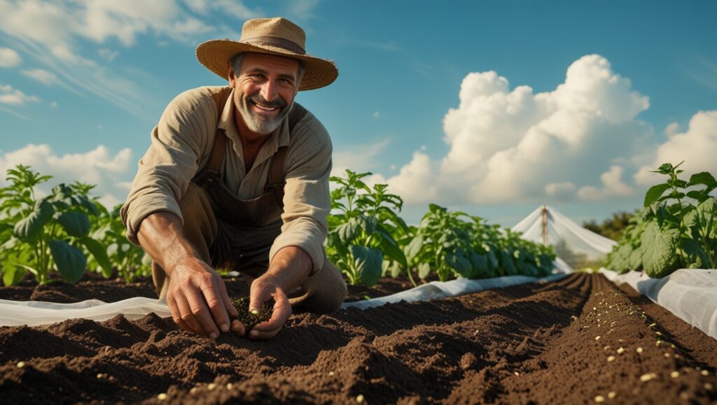 "Flower farmer direct sowing seeds into prepared garden beds with protective row covers."
